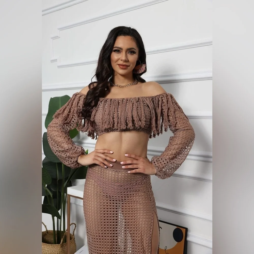 Brown Crochet 2-Piece Swimsuit Cover-Up Set – Size Large